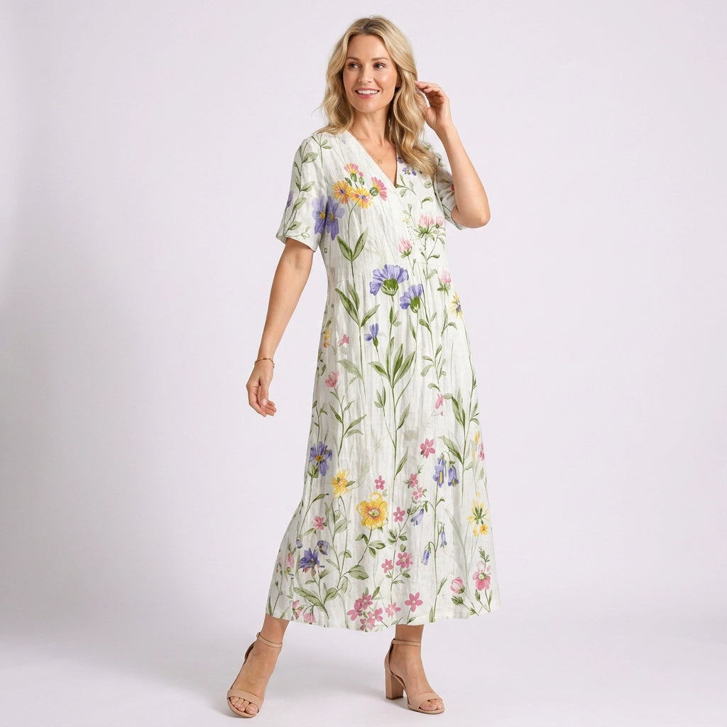 Blumenkleid für Damen in Midilänge mit V-Ausschnitt im A-Linien-Schnitt Weiß 7