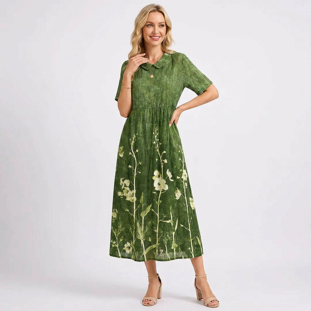 Blumenkleid für Damen in Midilänge mit V-Ausschnitt im A-Linien-Schnitt Grün 9