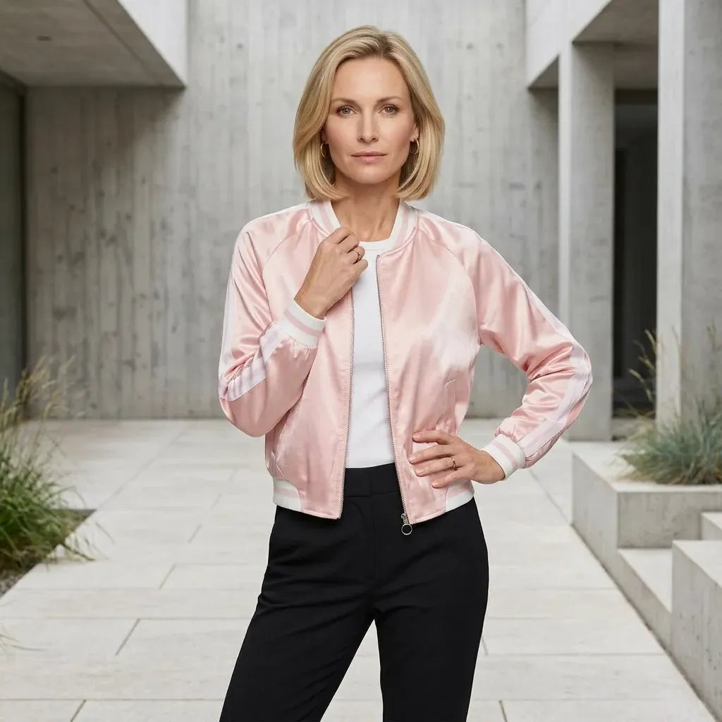 Bomberjacke für Damen in kurzer Form aus Satin für den Übergang Rosa 1