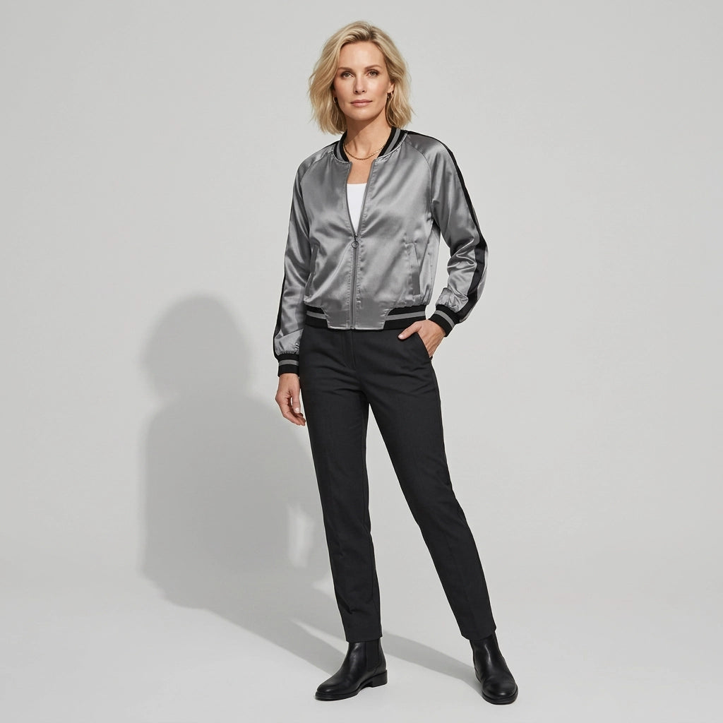 Bomberjacke für Damen in kurzer Form aus Satin für den Übergang Grau 3