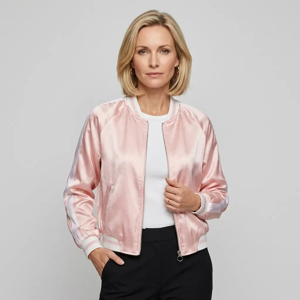 Bomberjacke für Damen in kurzer Form aus Satin für den Übergang Rosa 4
