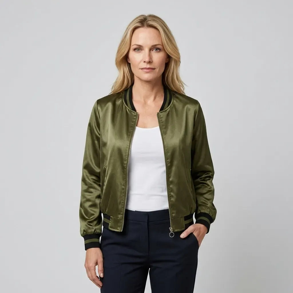 Bomberjacke für Damen in kurzer Form aus Satin für den Übergang Grün 5