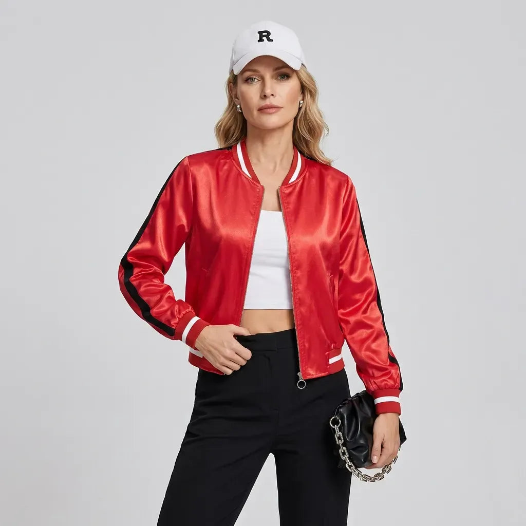 Bomberjacke für Damen in kurzer Form aus Satin für den Übergang Rot 7