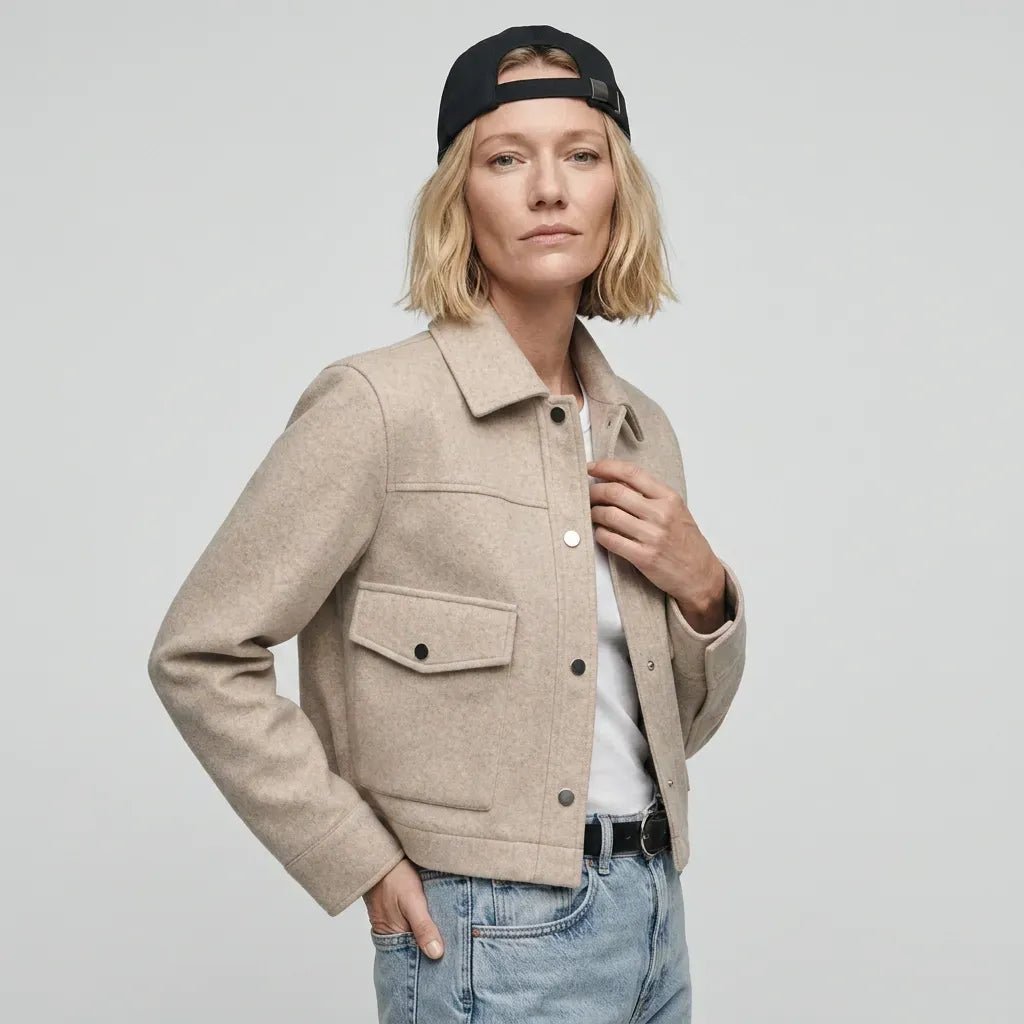 Jacke für Damen in kurzer Form aus Wolle mit Brusttaschen Beige 3