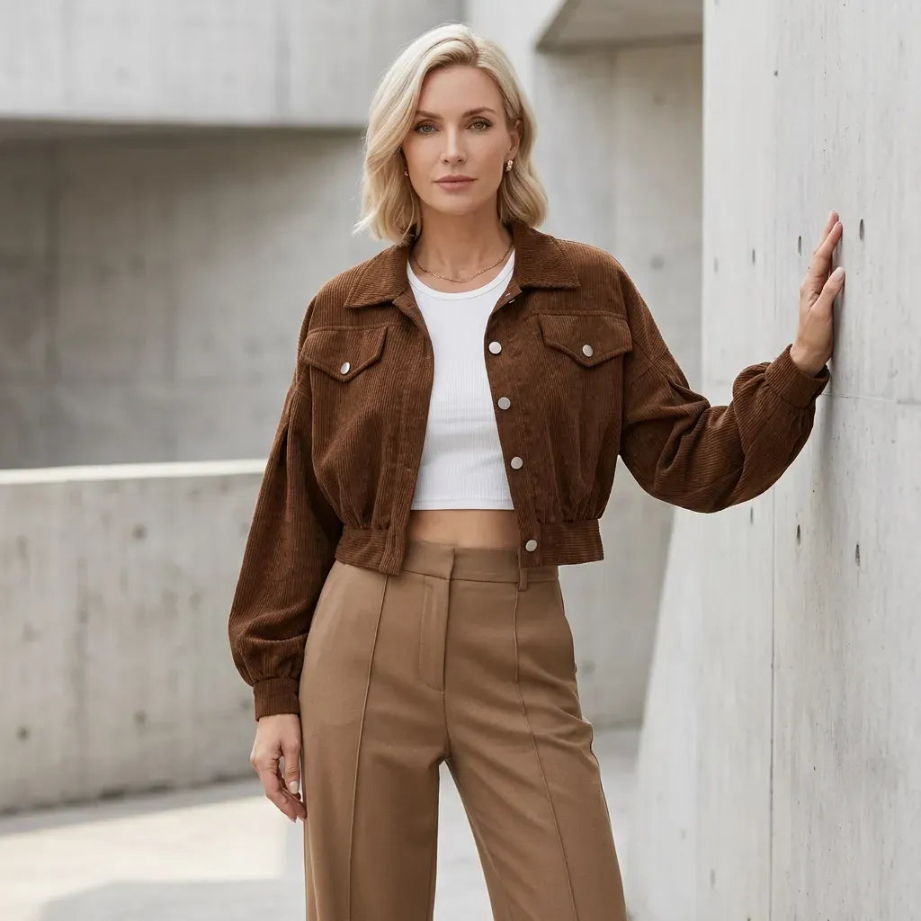 Bomberjacke für Damen in kurzer Form im trendigen Übergangsstil aus Feincord Braun 1