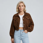 Bomberjacke für Damen in kurzer Form im trendigen Übergangsstil aus Feincord Braun 3