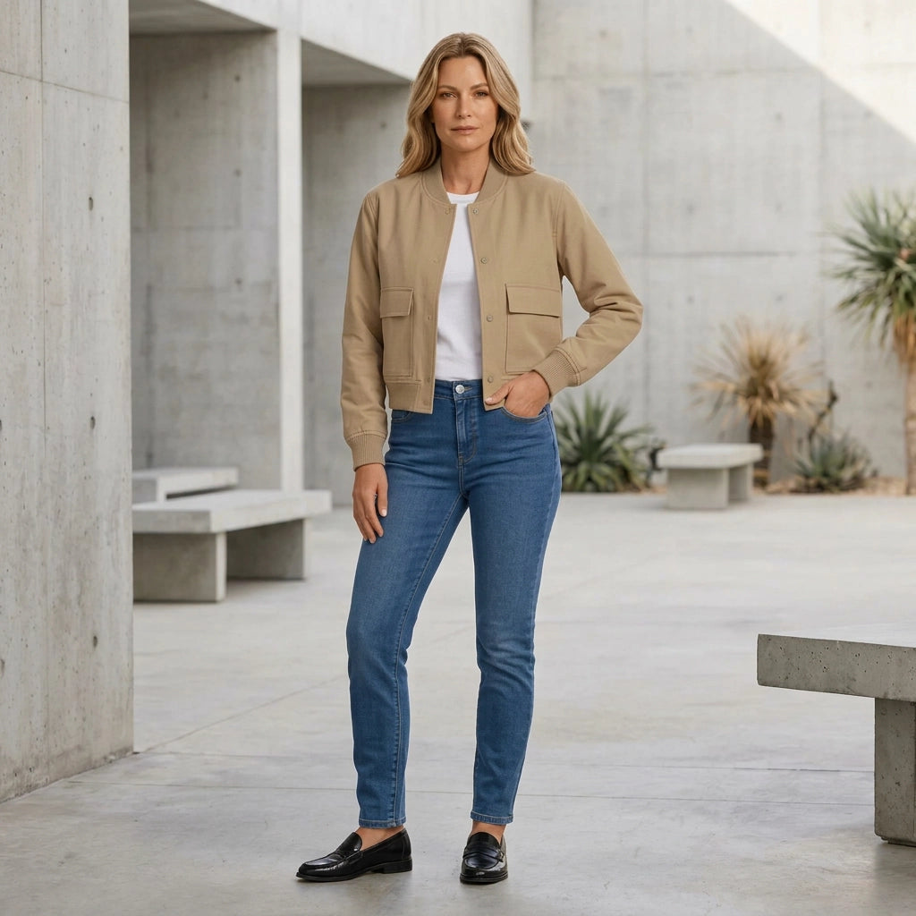 Bomberjacke für Damen in verkürzter Form aus Leder für die Übergangszeit Beige 2