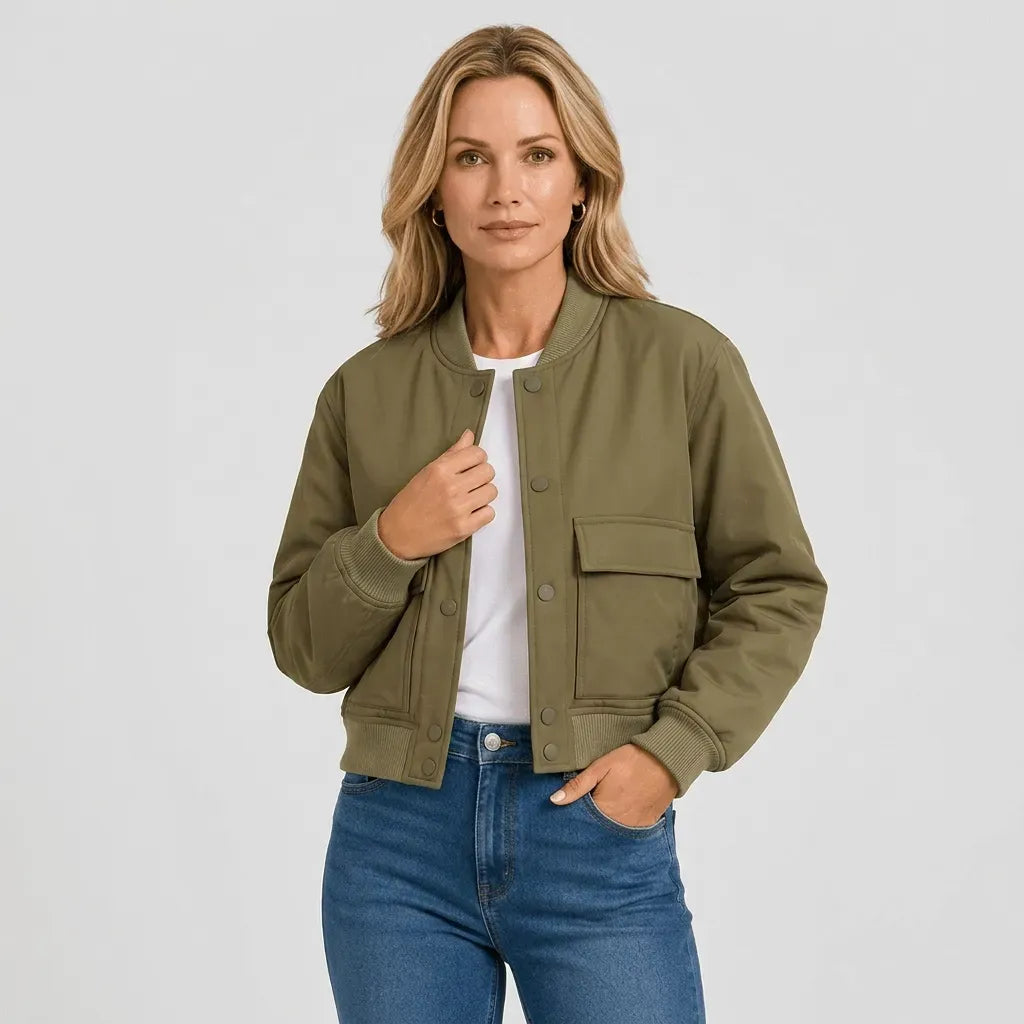 Bomberjacke für Damen in verkürzter Form aus Leder für die Übergangszeit Grün 7