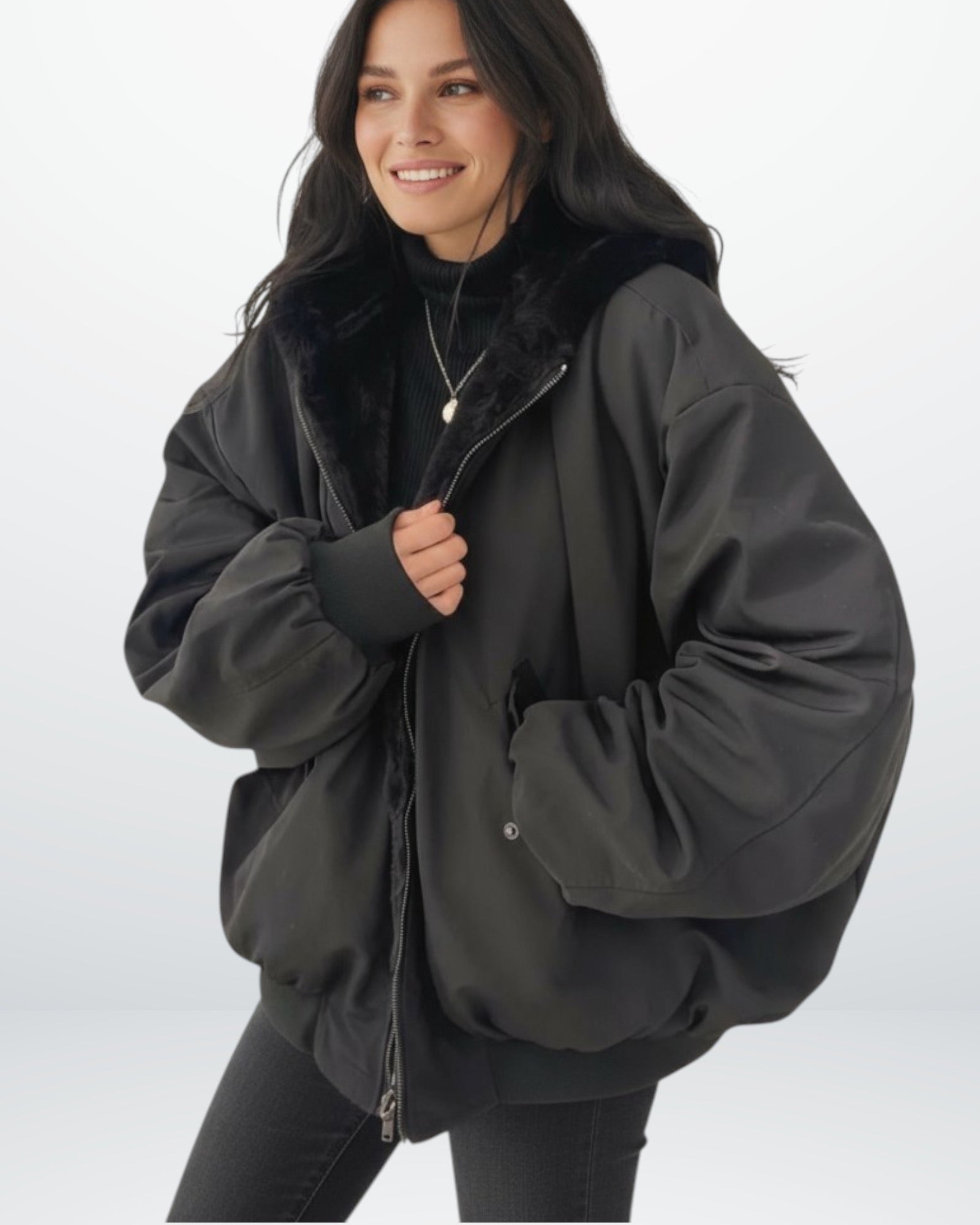 Oversized Winterjacke für Damen mit weicher Kapuze aus Kunstpelz im Bomber-Stil