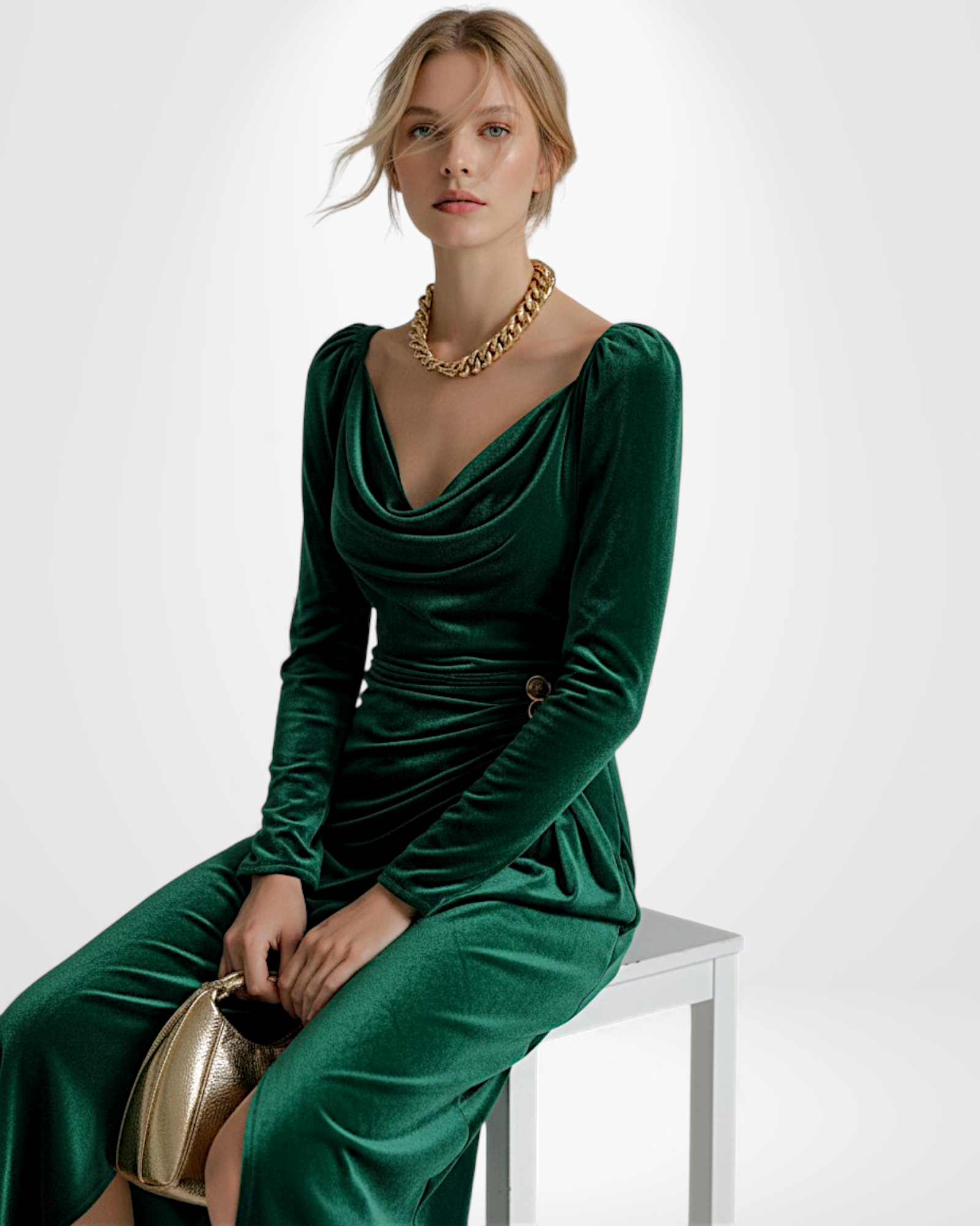 Langarm Samtkleid mit Drapiertem Ausschnitt und Schlitz - Midi