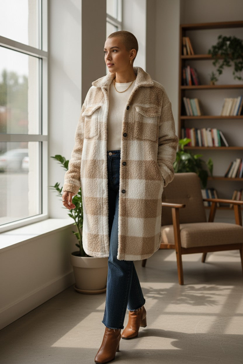 Frau mit kurzem Haarschnitt trägt einen beige-weiß karierten Teddy-Mantel in Hemdjacken-Optik, kombiniert mit Jeans und braunen Stiefeletten, in einem modernen Innenraum
