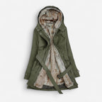 Gefütterte Winterjacke für Damen mit integrierter Kapuze und verstellbarem Bindegürtel