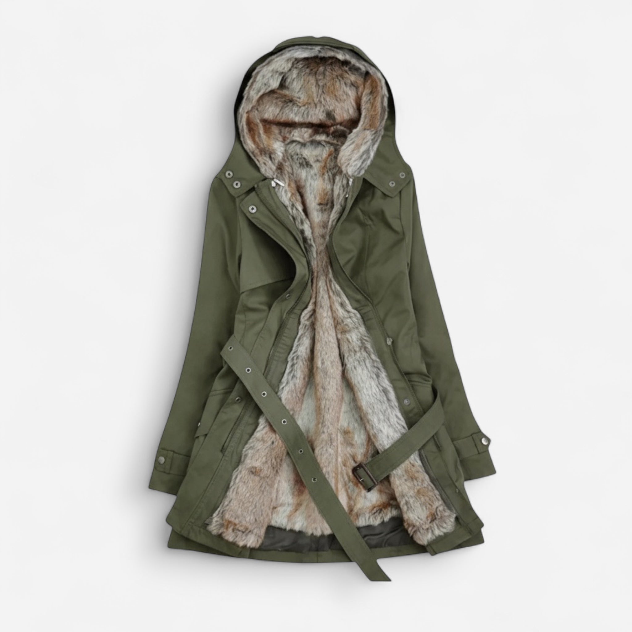 Gefütterte Winterjacke für Damen mit integrierter Kapuze und verstellbarem Bindegürtel