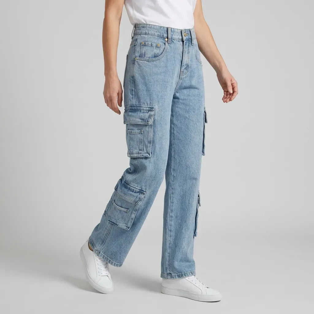 Cargohose für Damen im Straight Fit aus Denim im Y2K-Stil Hellblau 4
