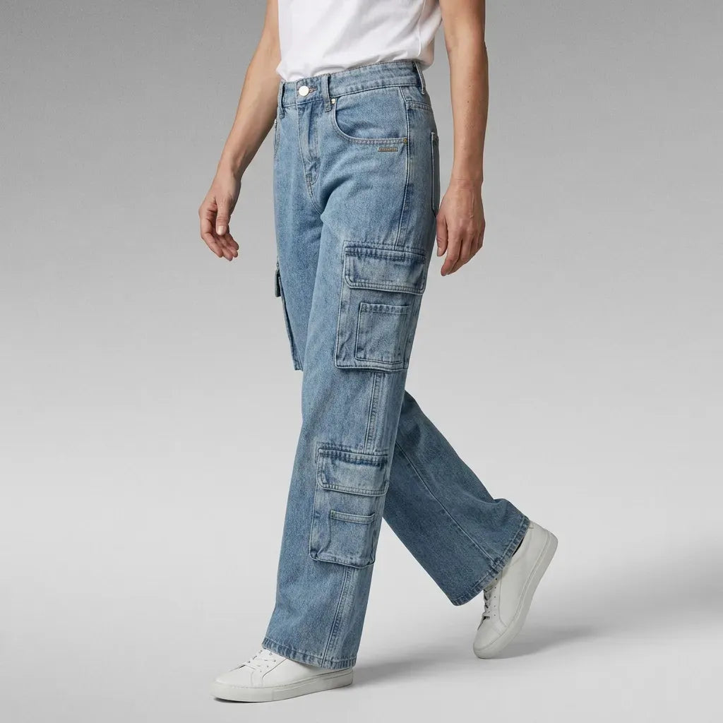 Cargohose für Damen im Straight Fit aus Denim im Y2K-Stil Hellblau 7