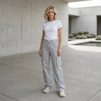Cargohose für Damen mit hohem Bund aus Baumwolle mit Seitentaschen Grau 1
