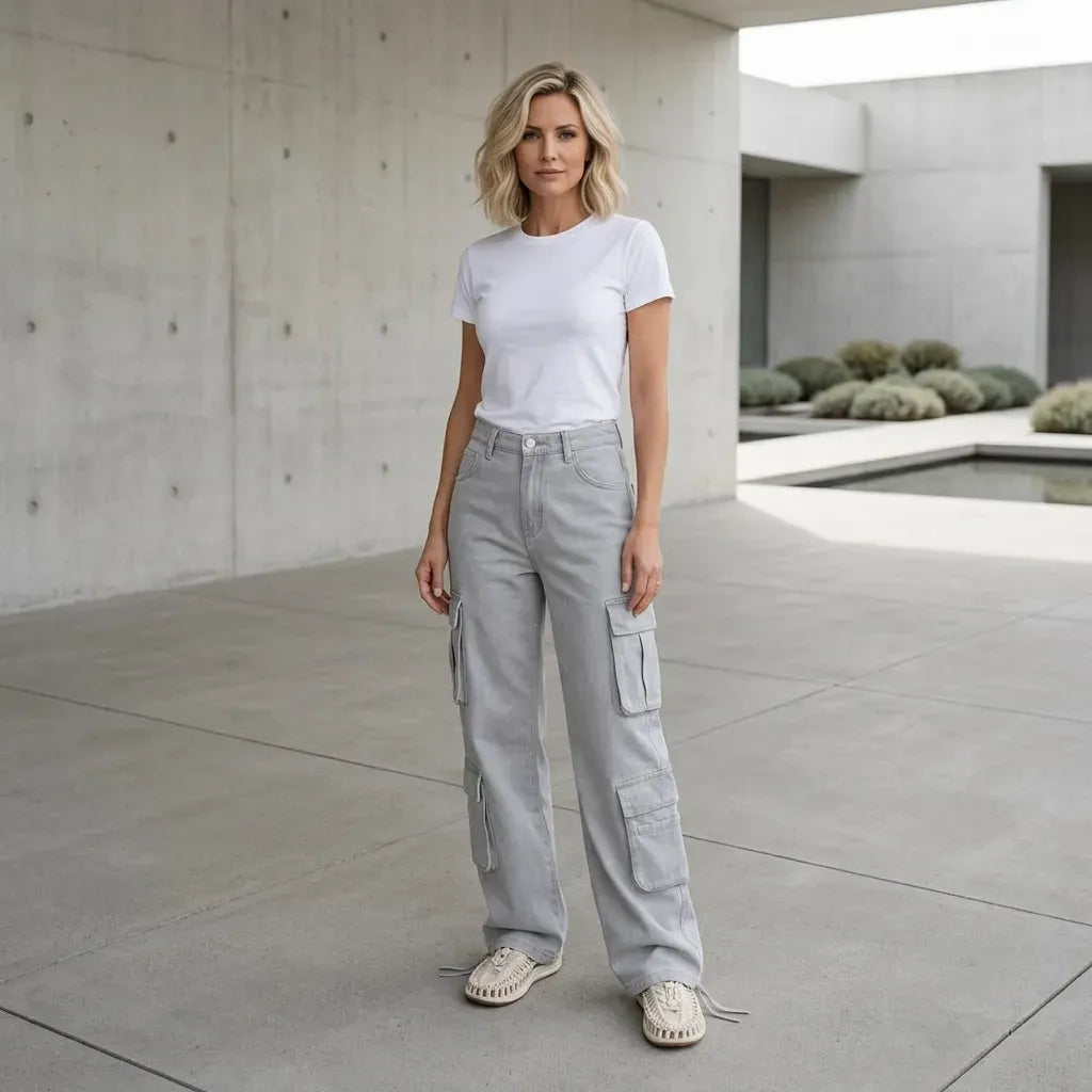 Cargohose für Damen mit hohem Bund aus Baumwolle mit Seitentaschen Grau 1