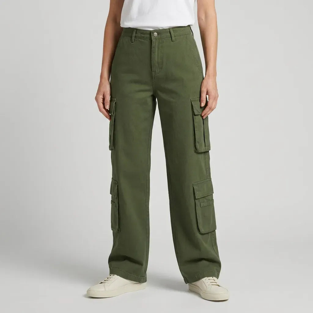 Cargohose für Damen mit hohem Bund aus Baumwolle mit Seitentaschen Grün 2