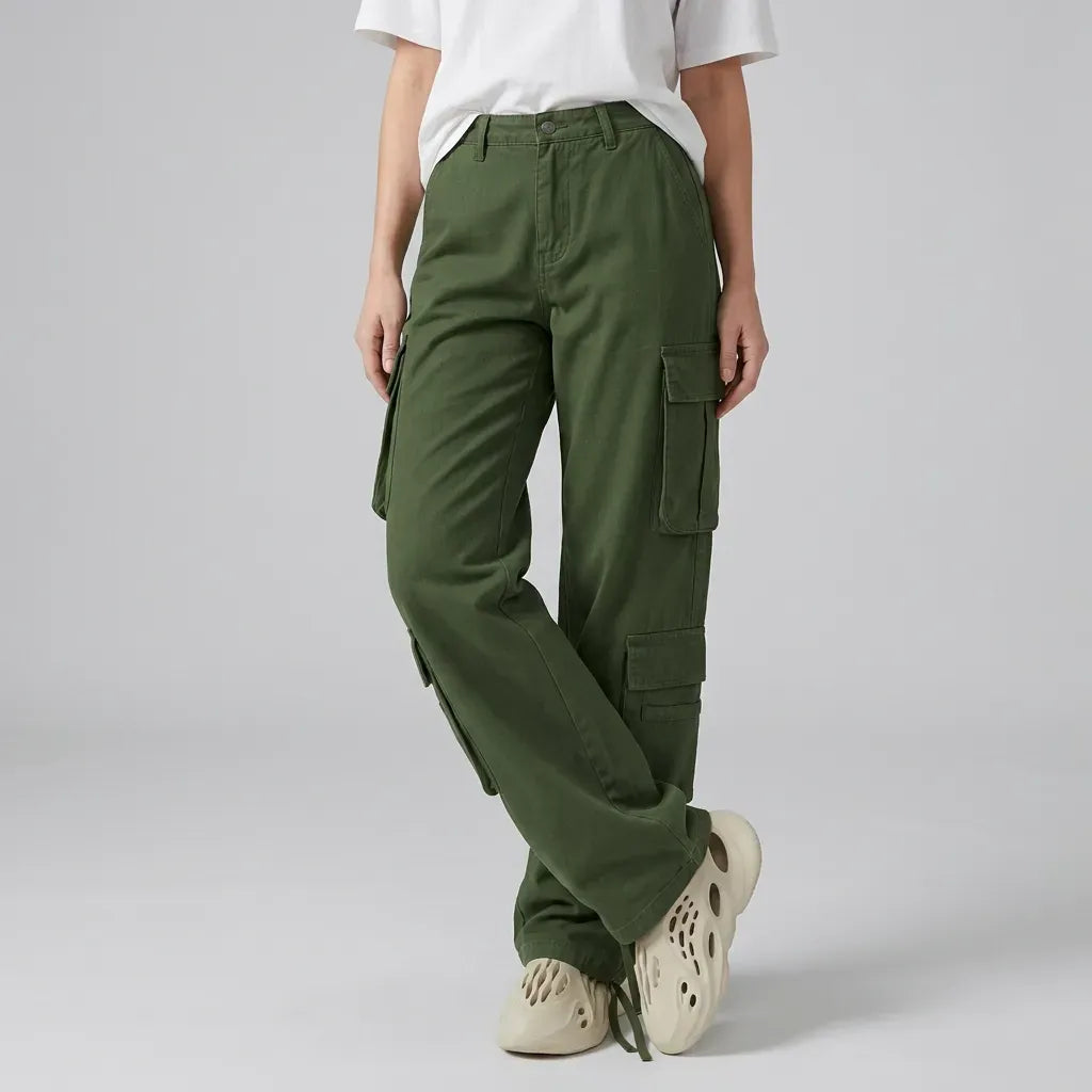 Cargohose für Damen mit hohem Bund aus Baumwolle mit Seitentaschen Grün 4