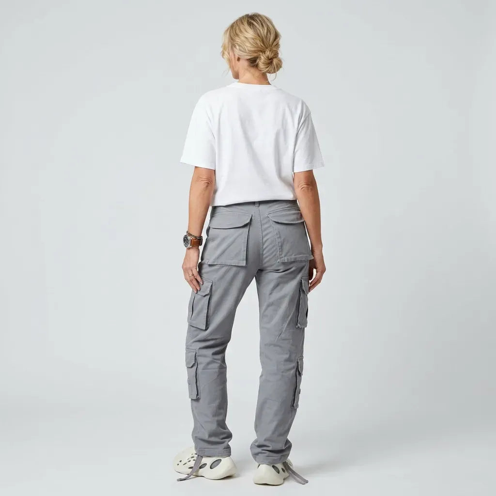 Cargohose für Damen mit hohem Bund aus Baumwolle mit Seitentaschen Grau 5