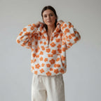 Bunter Oversize Teddy Pullover für Damen mit kurzem Reißverschluss und Stehkragen