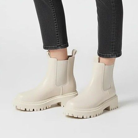 Chelsea Stiefeletten für Damen aus Leder mit Blockabsatz im Winter Beige 1