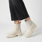 Chelsea Stiefeletten für Damen aus Leder mit Blockabsatz im Winter Beige 4
