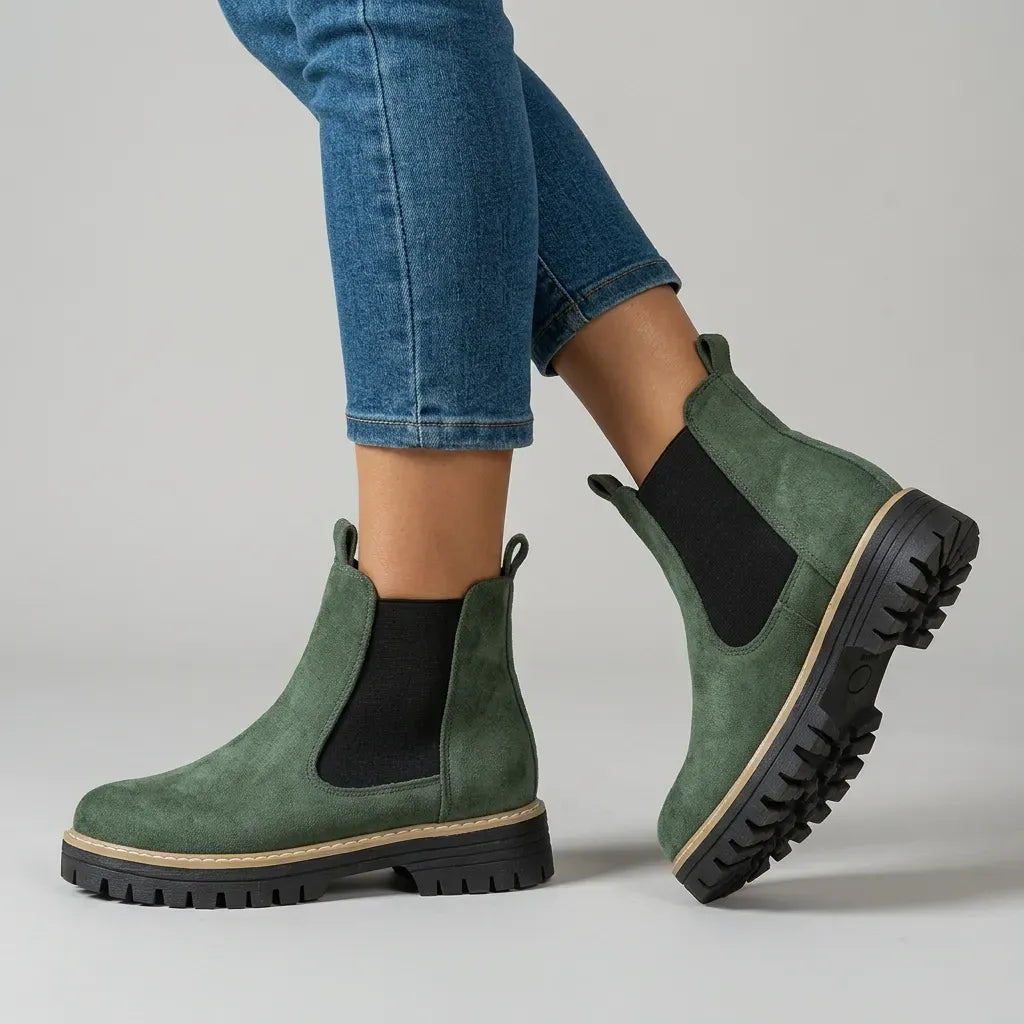 Chelsea Stiefeletten für Damen aus Veloursleder mit flacher Sohle Grün 6