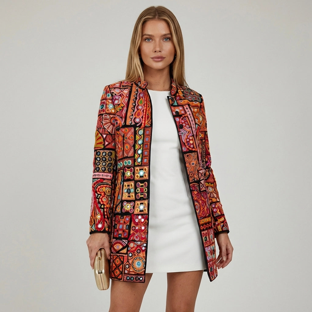 Bunte leichte lange Blazer Jacket für Damen ohne Kragen