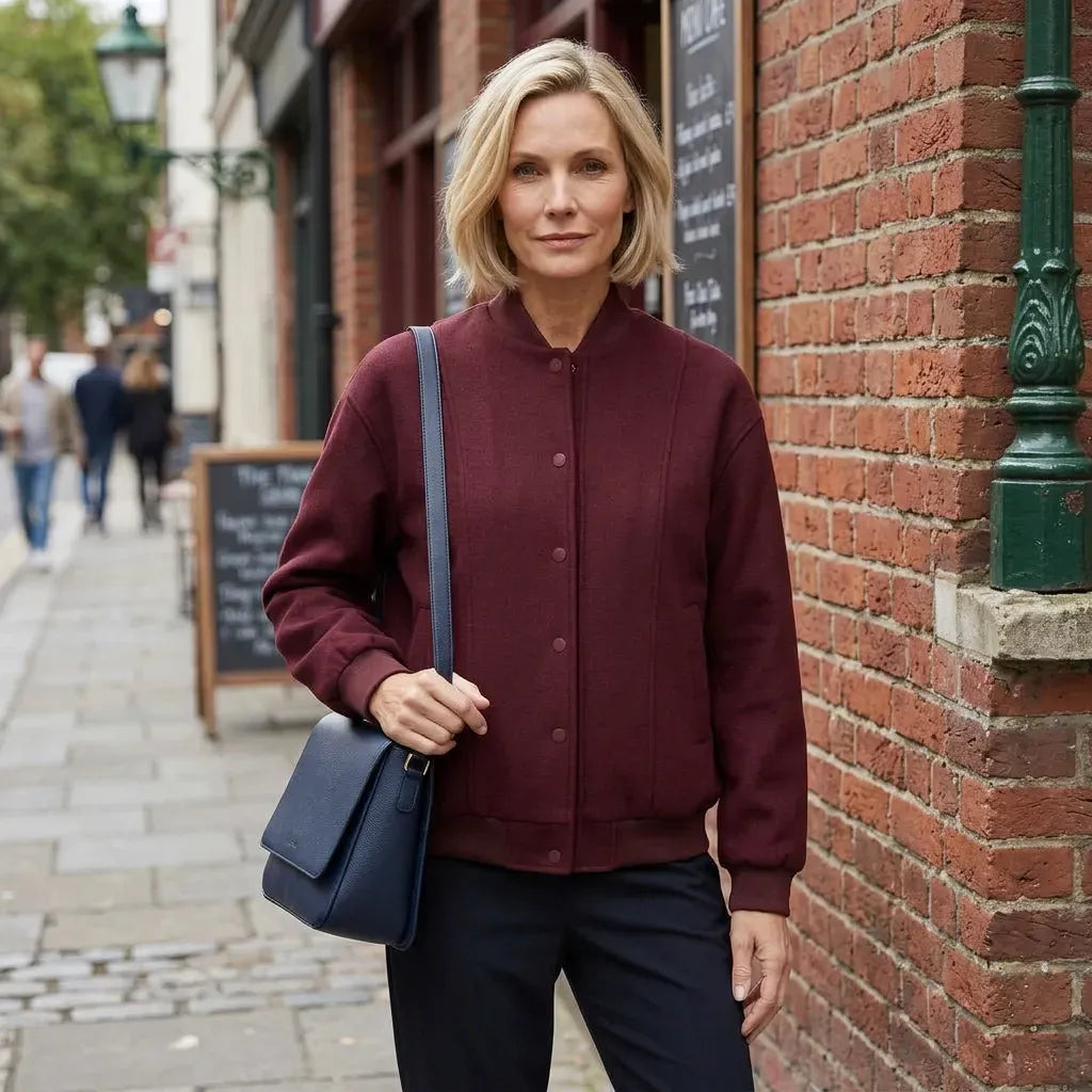 Collegejacke für Damen mit Druckknopfleiste aus Wollmischung im Freizeitlook Bordeaux 1