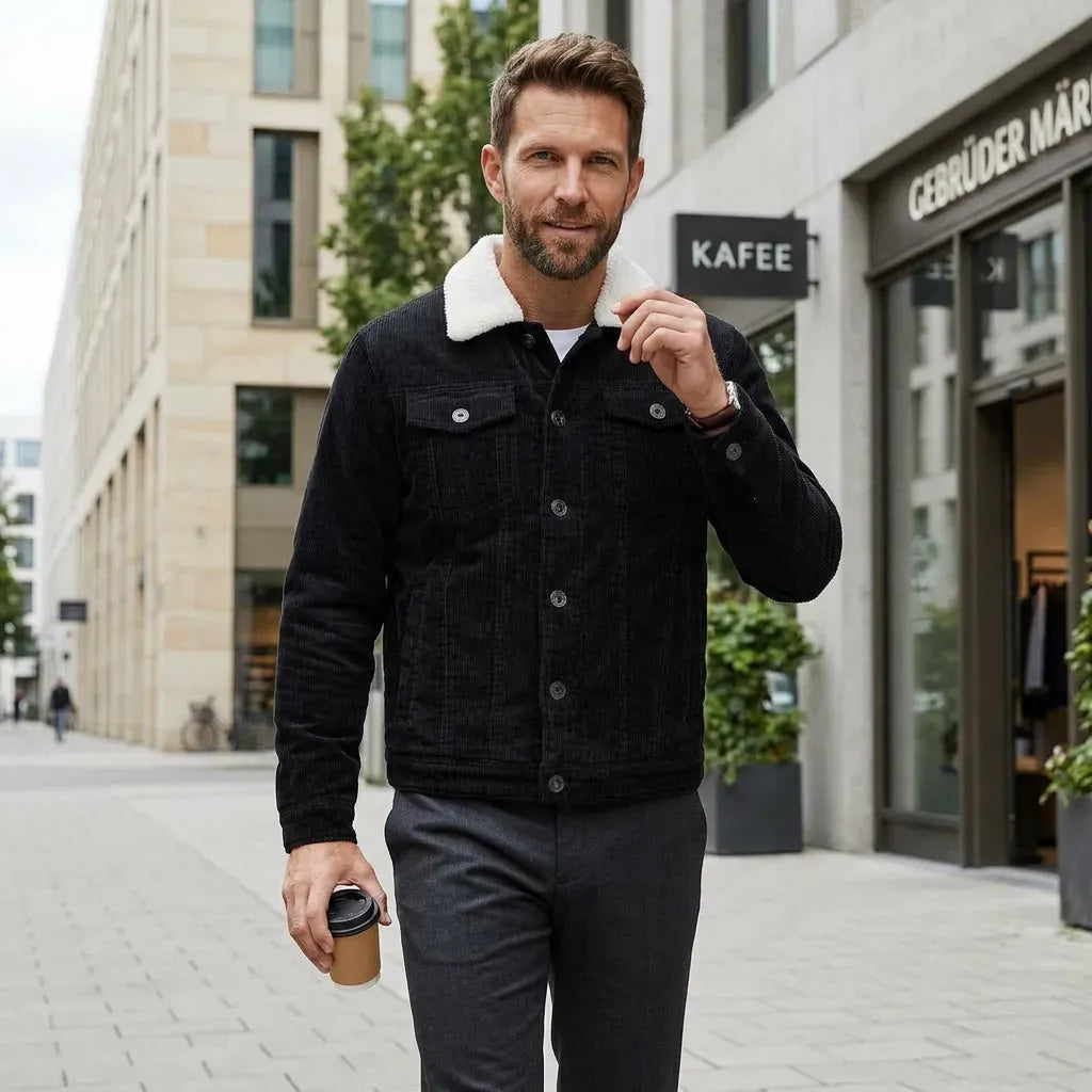 Cordjacke für Herren im Herbst als Übergangsjacke mit Teddyfutter Schwarz 10