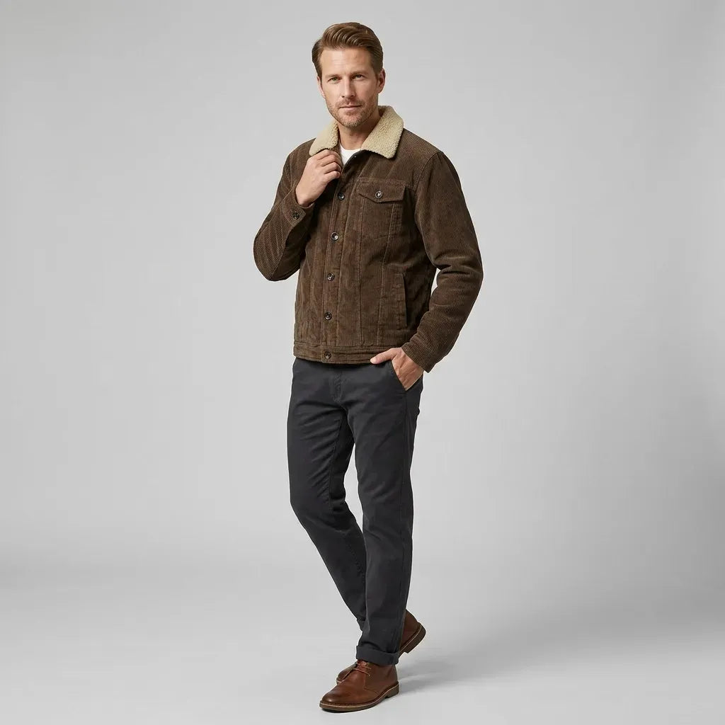 Cordjacke für Herren im Herbst als Übergangsjacke mit Teddyfutter Khaki 3
