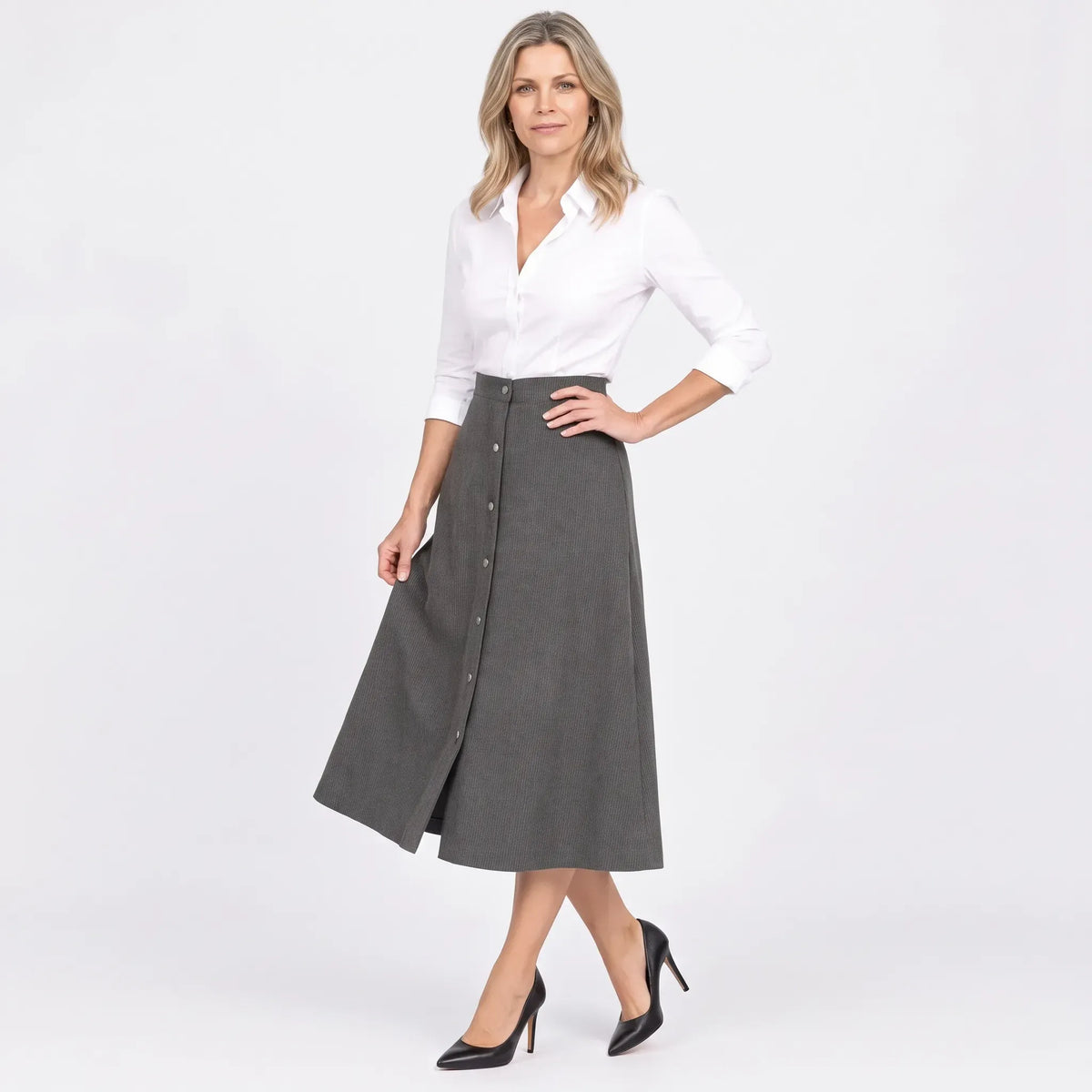 Cordrock für Damen im High-Waist-Schnitt aus Feincord mit Knopfleiste Grau 11