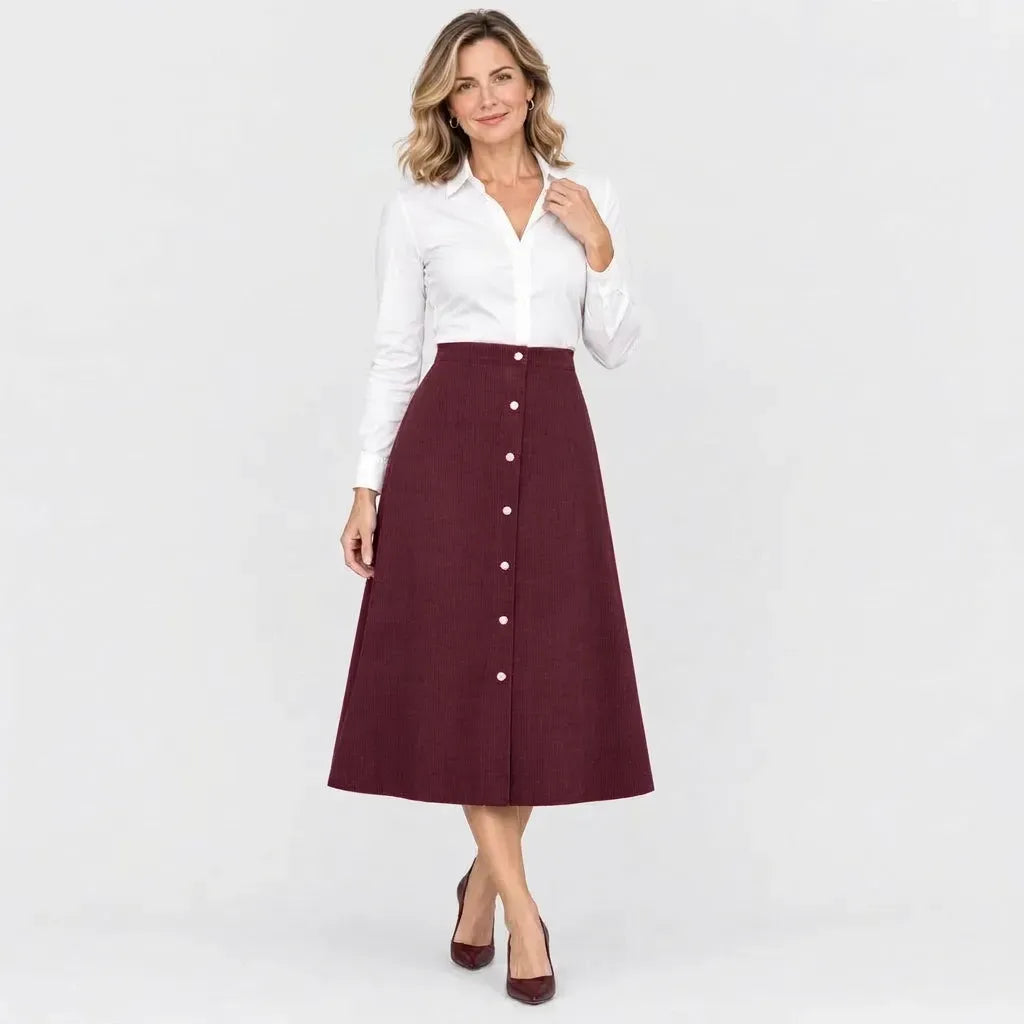 Cordrock für Damen im High-Waist-Schnitt aus Feincord mit Knopfleiste Dunkelrot 12
