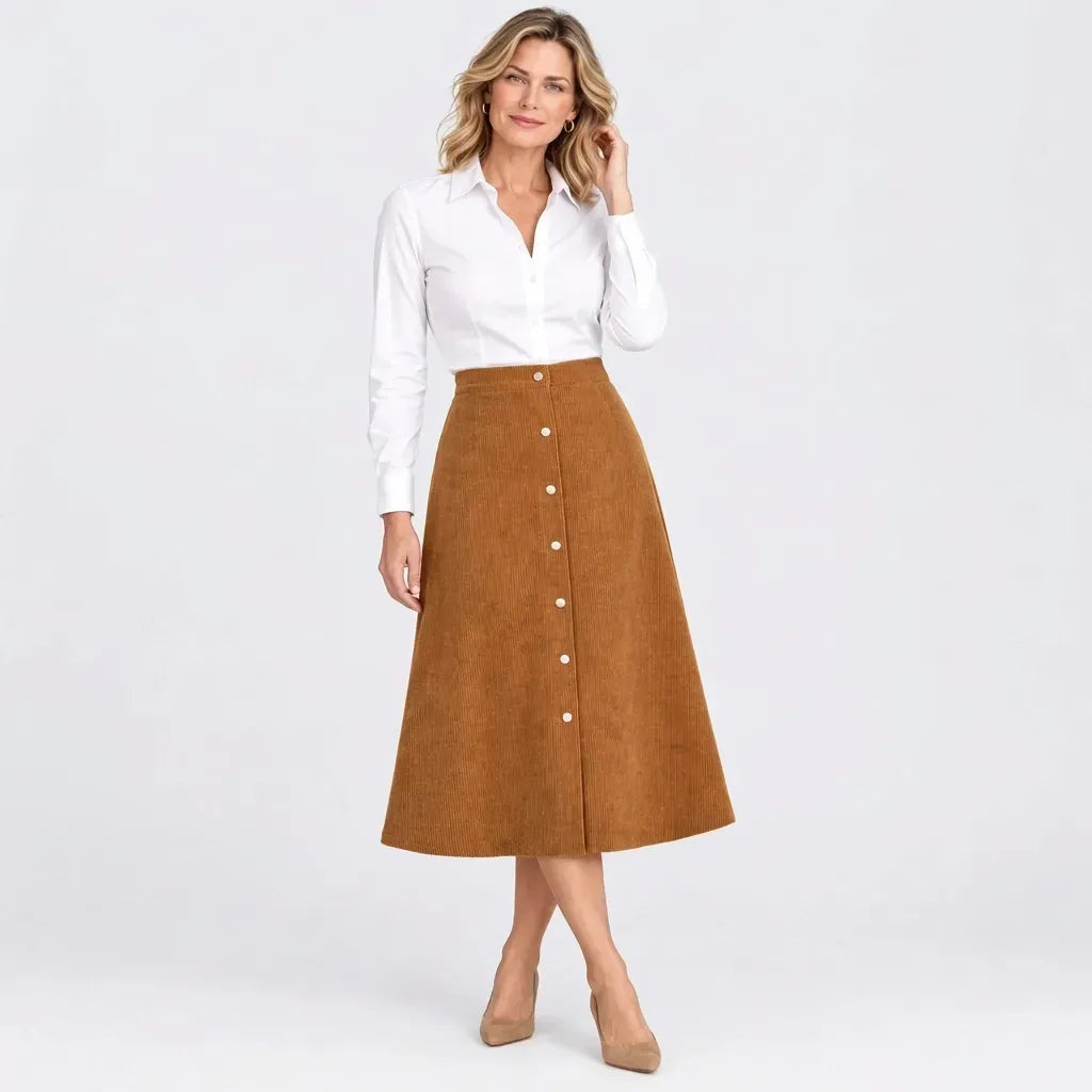 Cordrock für Damen im High-Waist-Schnitt aus Feincord mit Knopfleiste Khaki 13