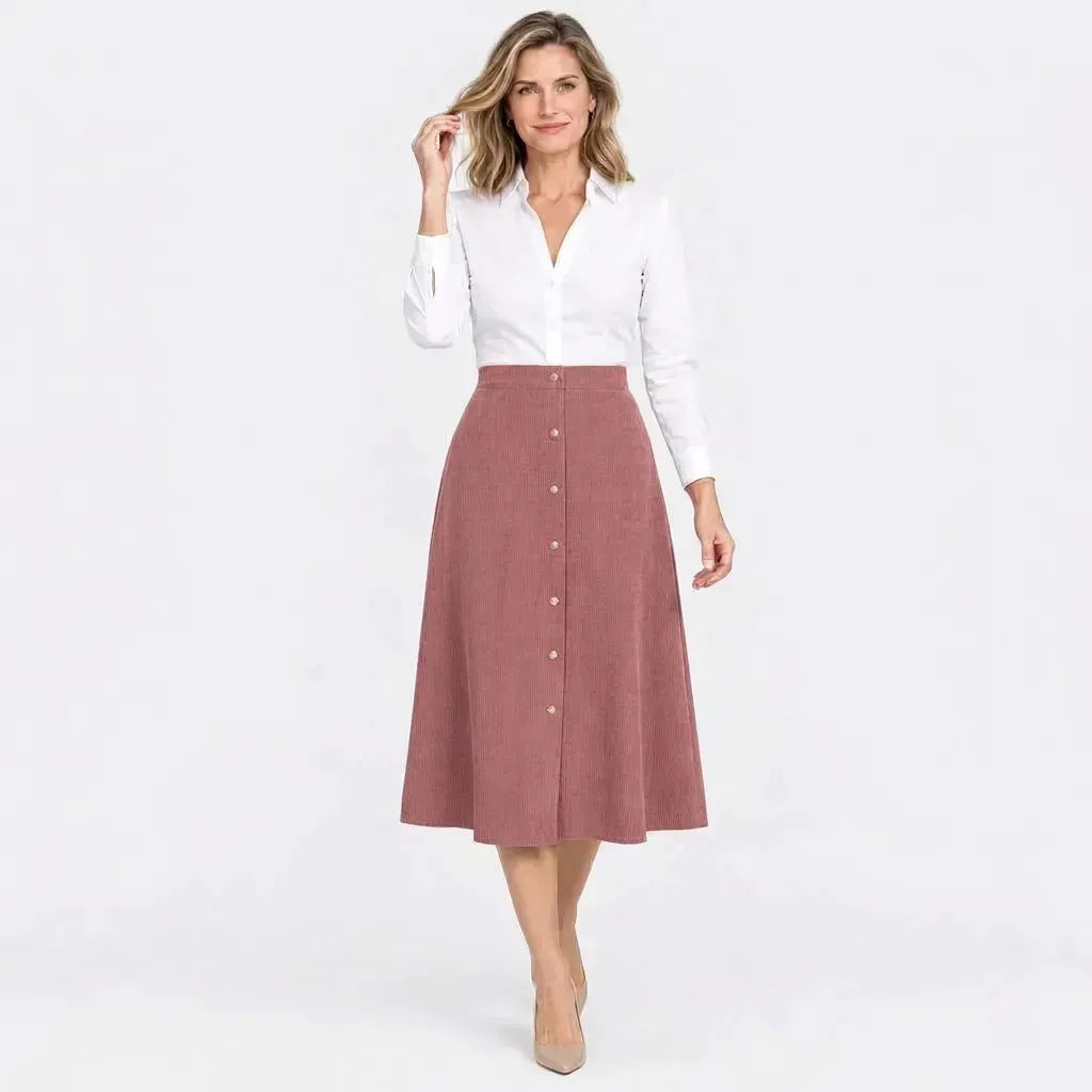 Cordrock für Damen im High-Waist-Schnitt aus Feincord mit Knopfleiste Rosa 14