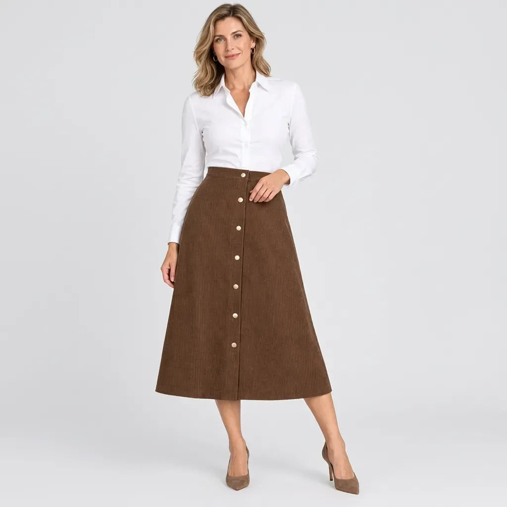 Cordrock für Damen im High-Waist-Schnitt aus Feincord mit Knopfleiste Braun 2