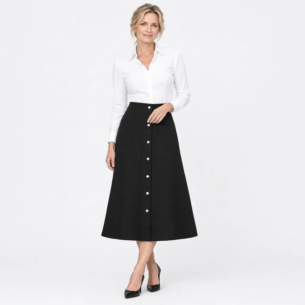 Cordrock für Damen im High-Waist-Schnitt aus Feincord mit Knopfleiste Schwarz 5