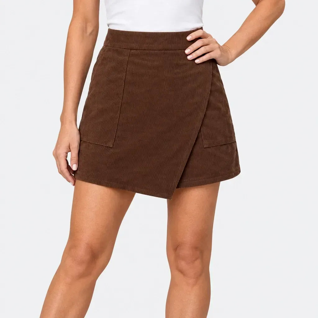 Cordrock für Damen mit hohem Bund aus Feincord mit Taschen Braun 1