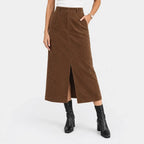 Cordrock für Damen mit hoher Taille aus Feincord mit Taschen Braun 1