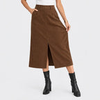 Cordrock für Damen mit hoher Taille aus Feincord mit Taschen Braun 2
