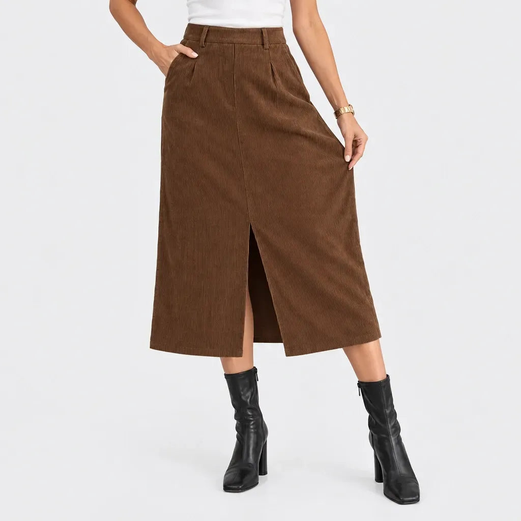 Cordrock für Damen mit hoher Taille aus Feincord mit Taschen Braun 2