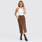 Cordrock für Damen mit hoher Taille aus Feincord mit Taschen Braun 3