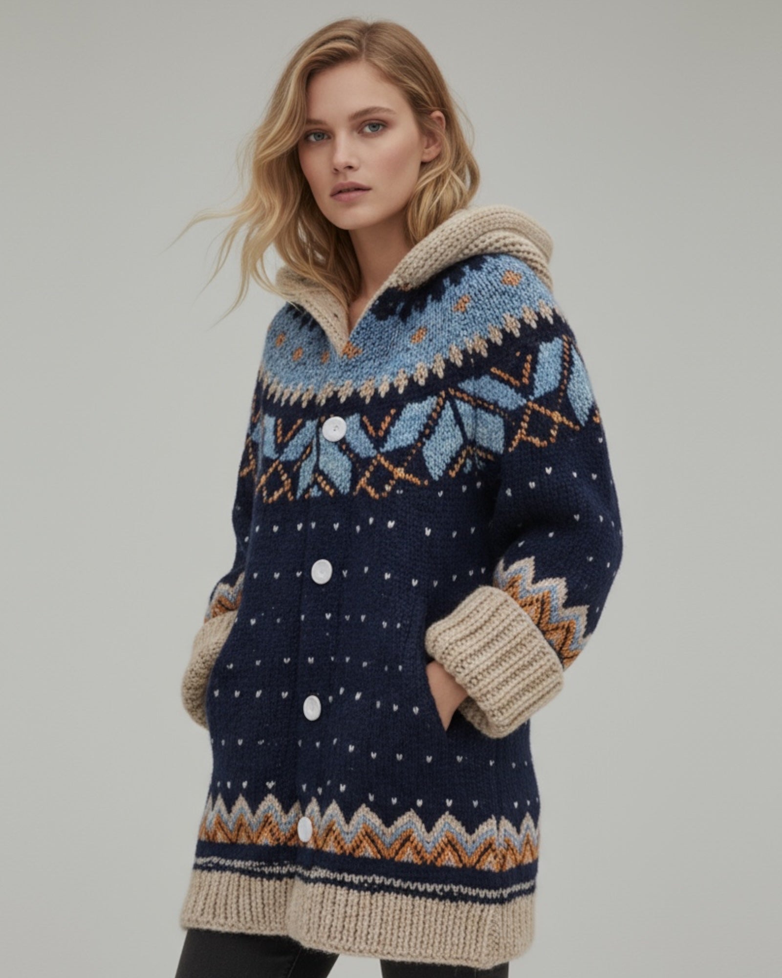 Damen Strickjacke mit Kapuze und Knöpfen - lang