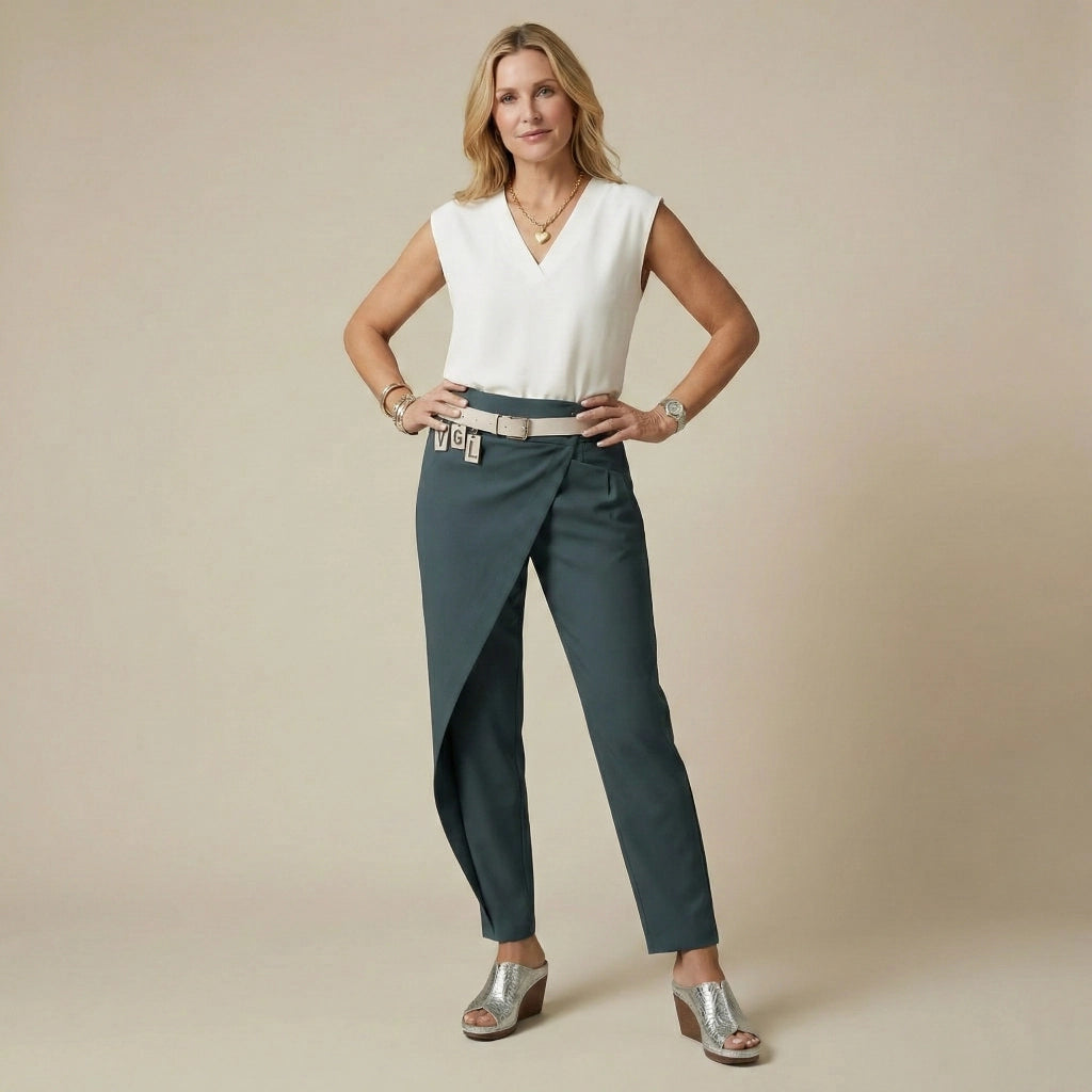 High Waist Hose für Damen mit Gürtel im eleganten tapered Schnitt mit Wickel Optik
