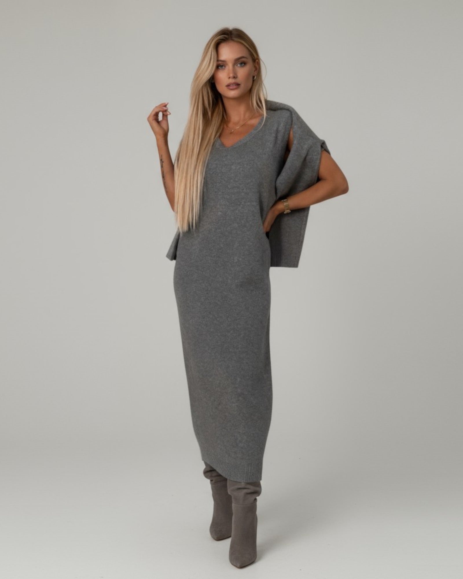 Ärmelloses Maxi Strickkleid mit Cropped Rollkragenpullover | Strickset für Damen