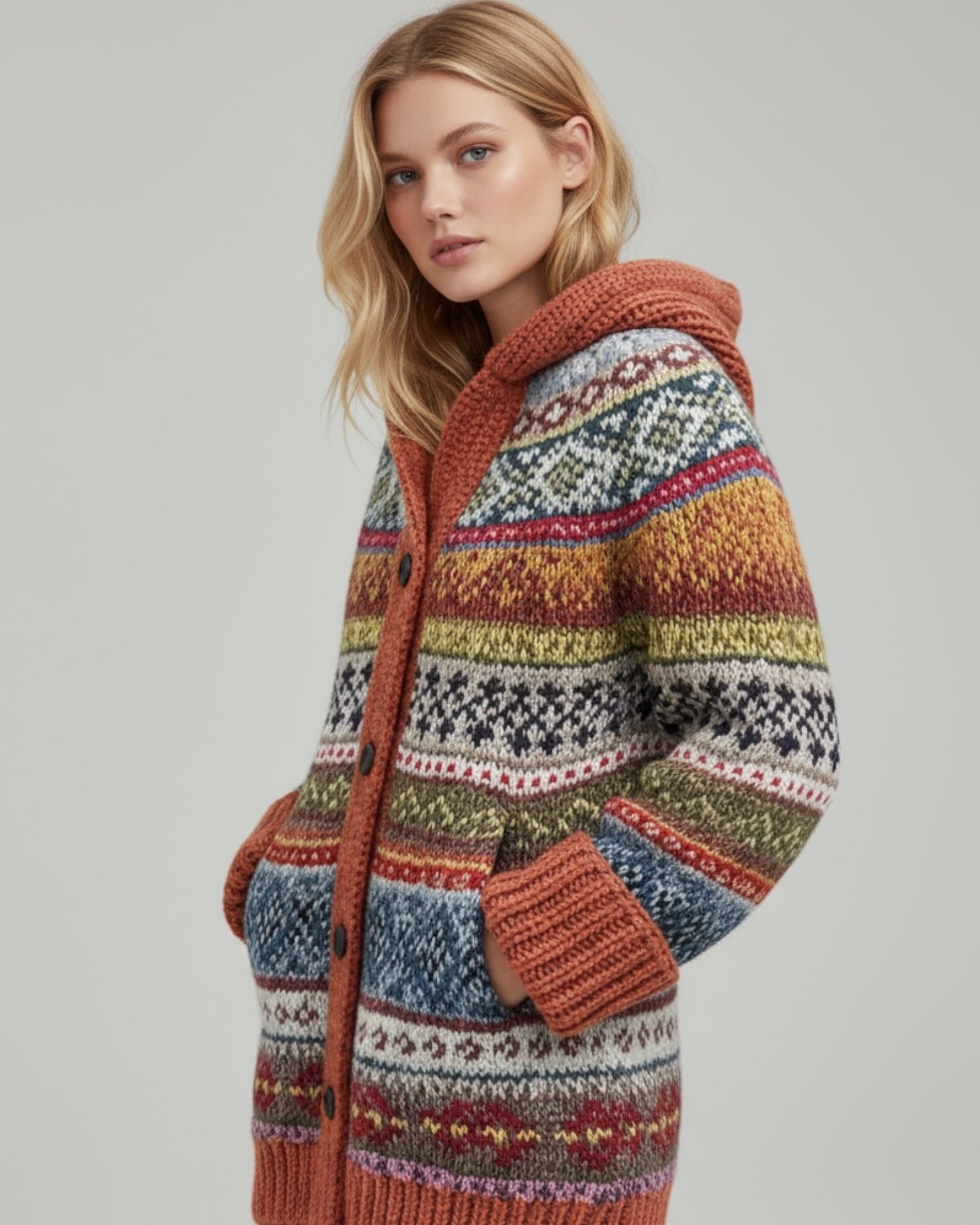 Damen Strickjacke mit Kapuze und Knöpfen - lang