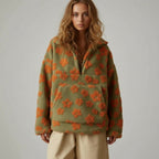 Bunter Oversize Teddy Pullover für Damen mit kurzem Reißverschluss und Stehkragen