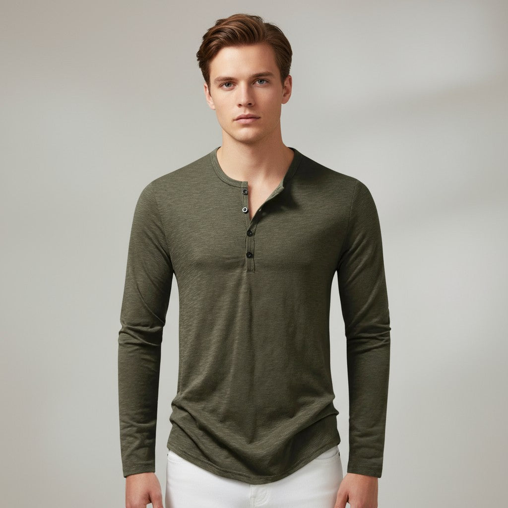 Langarmhemd für Herren ohne Kragen mit halber Knopfleiste