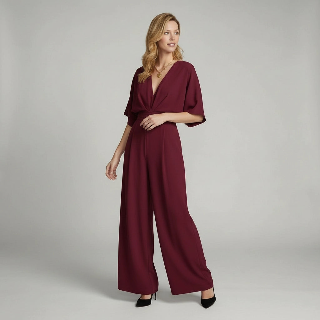 Eleganter Jumpsuit mit kurzen Ärmeln und V-Ausschnitt